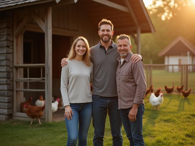Familie vom Geflügelhof vor dem Hühnerstall in traditioneller, ländlicher Umgebung